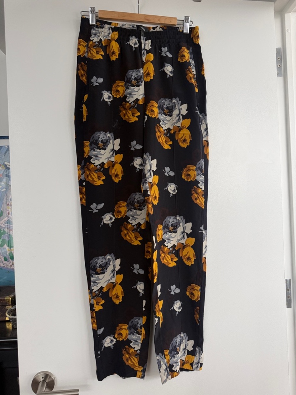 Theory silk floral Black Floral WideLeg Pants with Mustard & Gray Roses